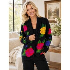 VTG Fluffy Angora Cardigan Sweater Painterly Floral Op-Art To Wear 80’s 90’s L